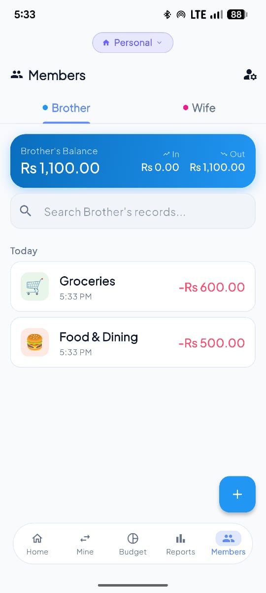 Pendara members screen showing a family member's balance and transactions