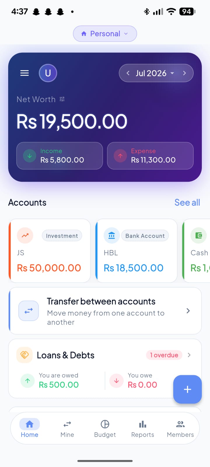 Pendara dashboard showing net worth, accounts and loans