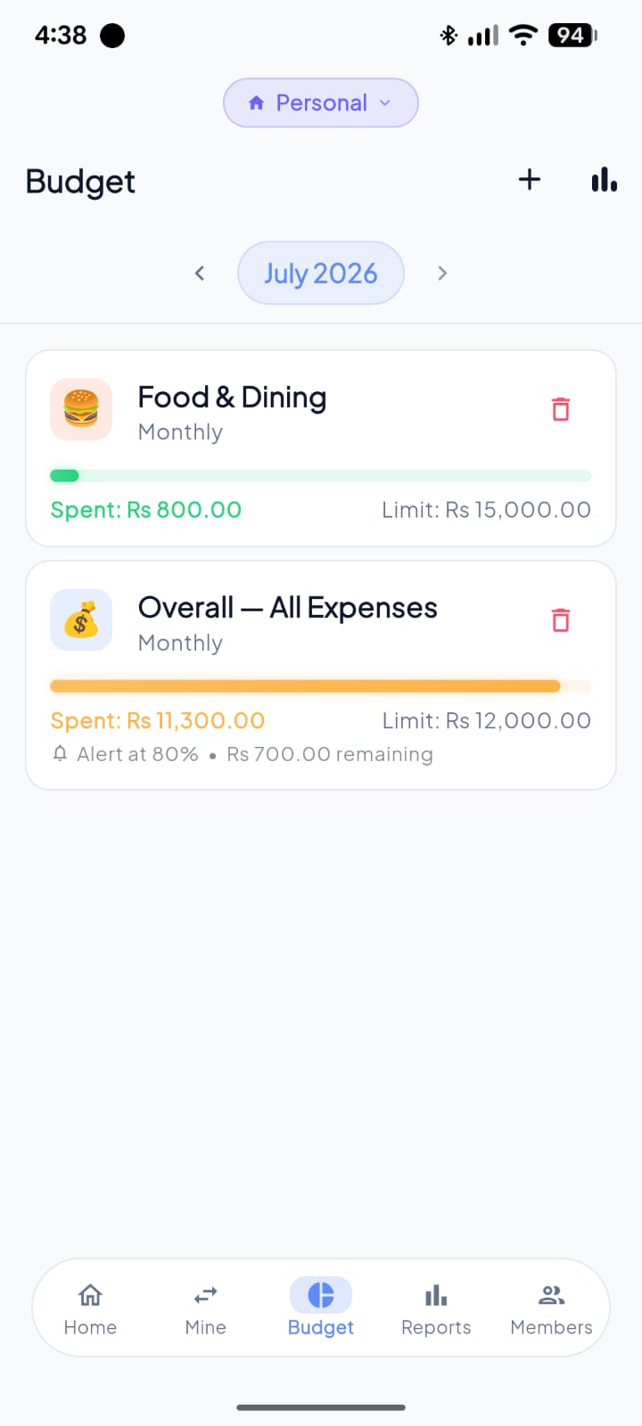 Pendara budget screen with category and overall limits