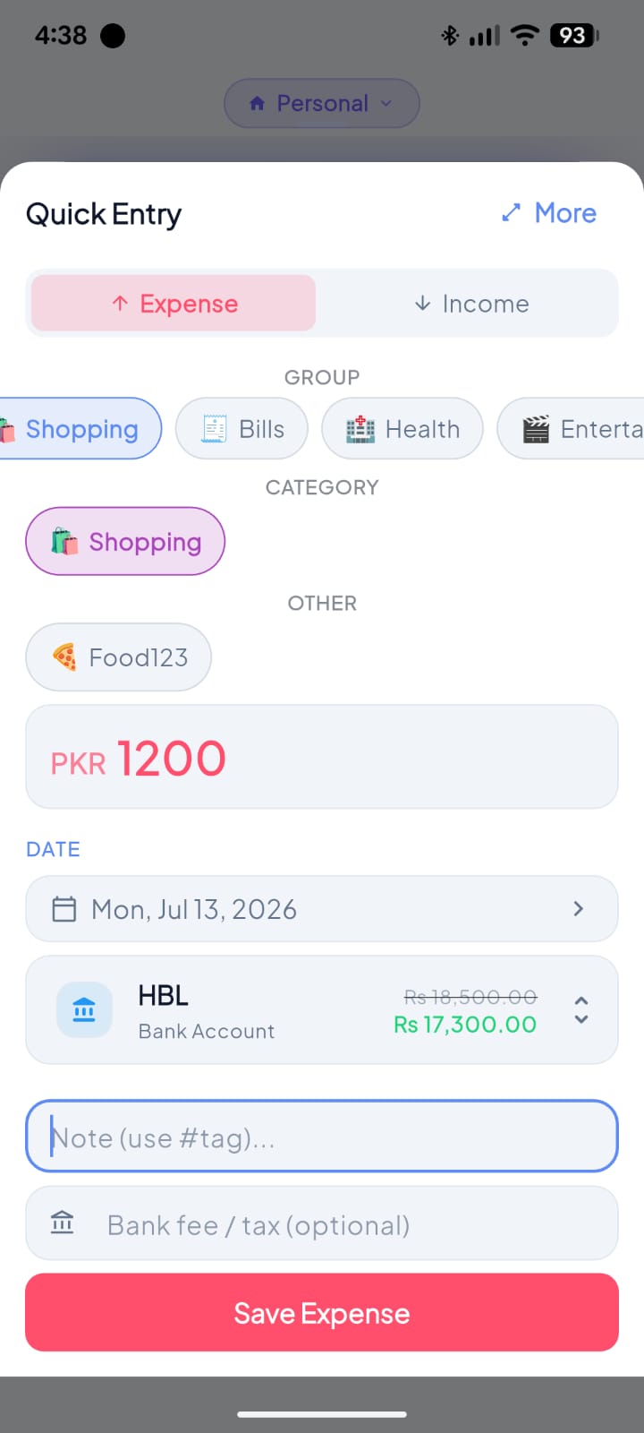Pendara quick entry sheet for logging an expense