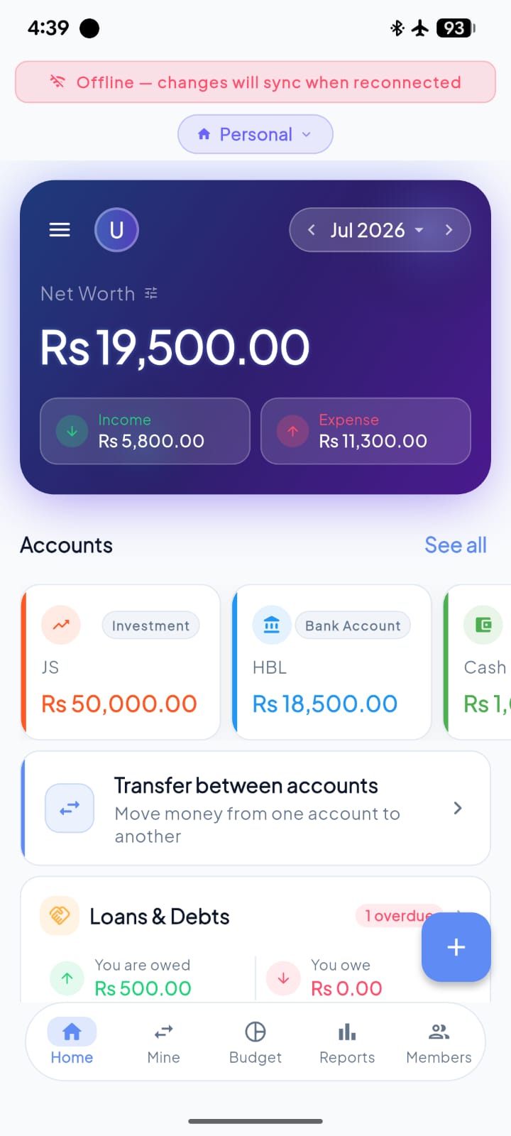 Pendara dashboard working in airplane mode with an offline banner