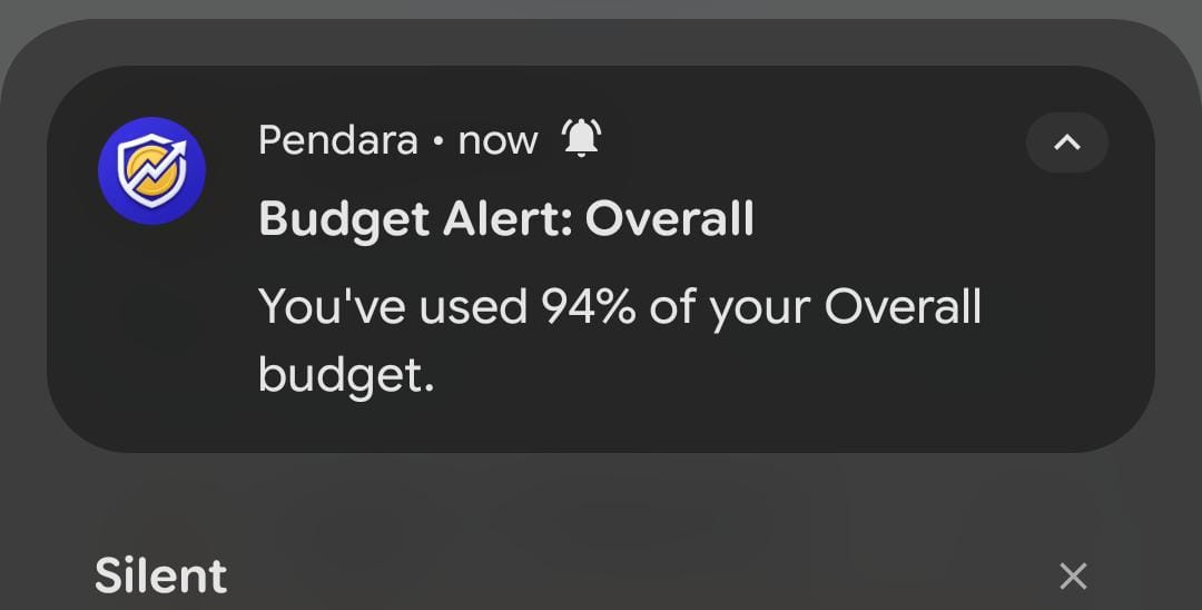 Android notification from Pendara warning that 94% of the Overall budget is used